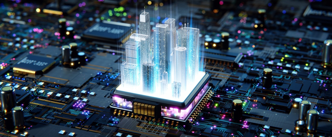 A holographic city is projected on top of a CPU and motherboard.
